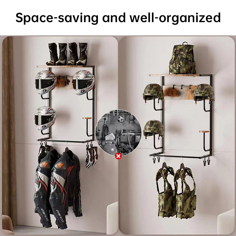 Wooden Motorcycle Helmet Wall Mount, 4 Hat Racks with 4 Helmet Hooks, Wall Display Storage for Bike Gear