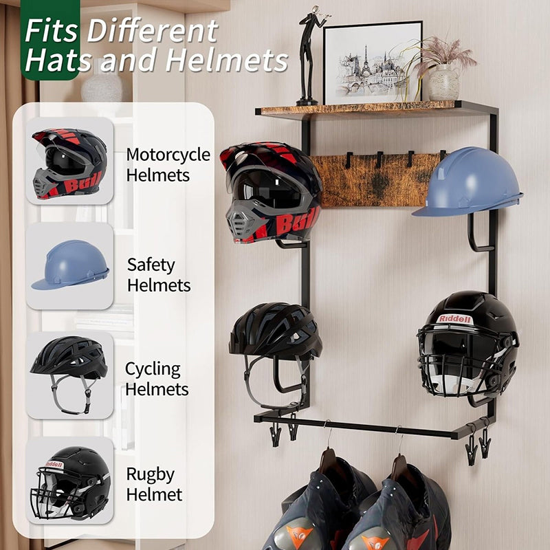 Wooden Motorcycle Helmet Wall Mount, 4 Hat Racks with 4 Helmet Hooks, Wall Display Storage for Bike Gear