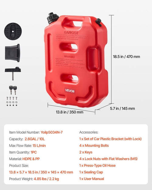 Fuel Container, 10 L, Gas Can with Spout and Lockable Bracket, 15