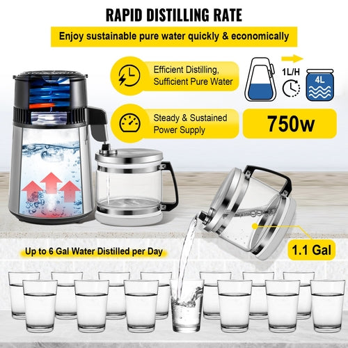 Silver Water Distiller Machine 750W Adjustable Temperature Water