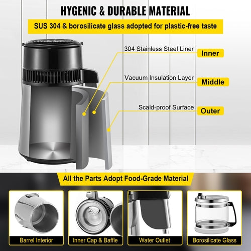 Silver Water Distiller Machine 750W Adjustable Temperature Water